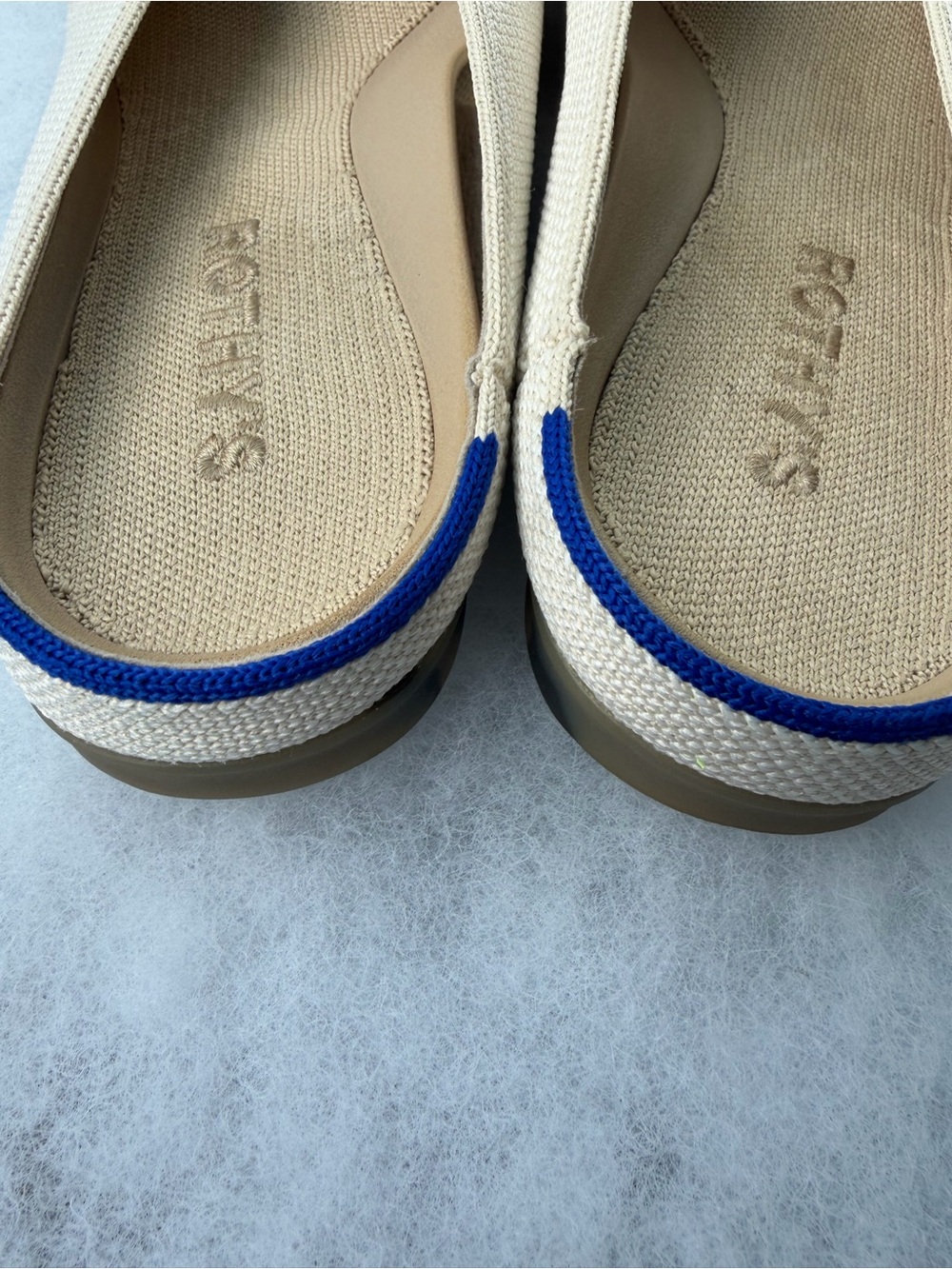 Rothy's Cream Pointed Knit Mule with Blue Trim - Picture 4 of 7